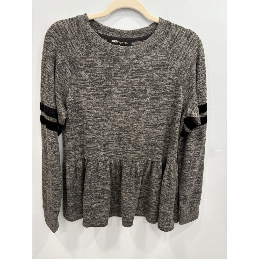 Honey & Sparkle Gray Peplum Sweatshirt L Soft Knit Casual Long Sleeve Boxy Top